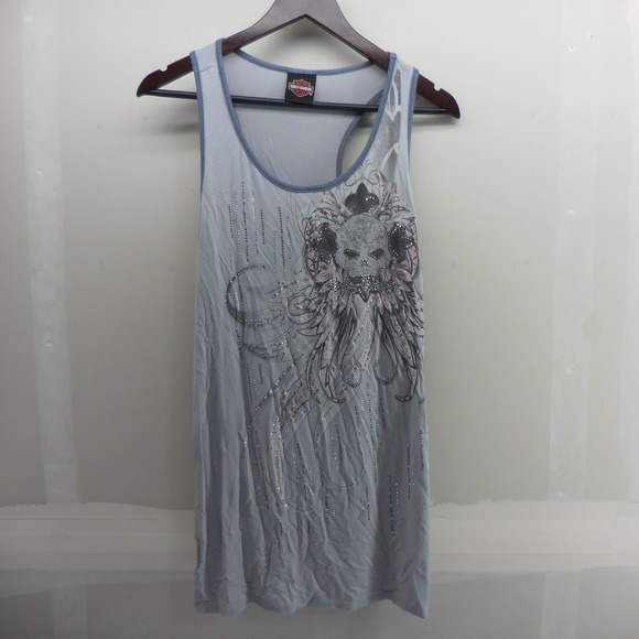 Harley-Davidson Tops - Harley Davidson Womens Gray Rhinestone Skull Racerback Tank Top Biker Sleeveless